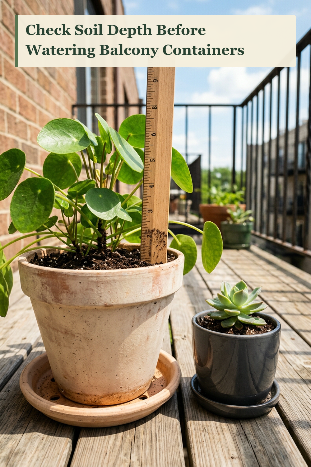 Close-up of a large light terracotta pot and a small dark planter on a sunlit rental apartment balcony with a ruler next to the soil and elevated saucers showing bottom drainage holes.