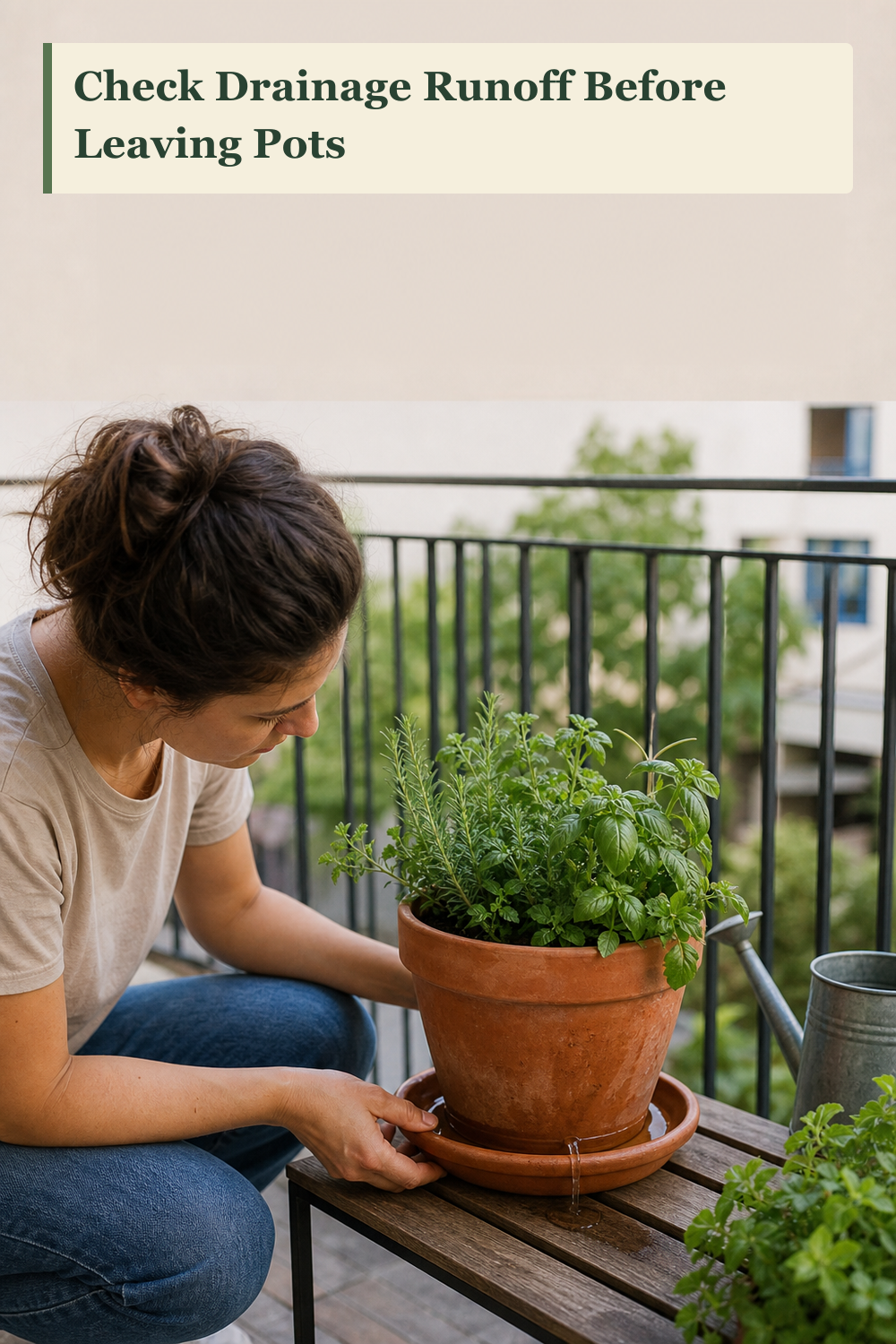A terracotta herb planter sitting on a saucer on a balcony floor while runoff drains cleanly into the saucer below the drainage hole.