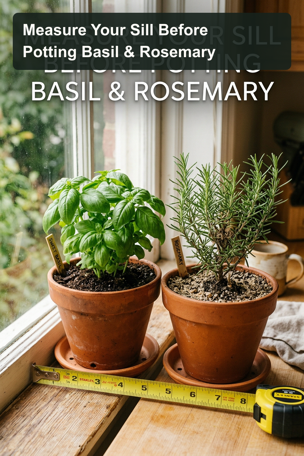 Two separate terracotta pots placed on a wooden windowsill. One holds sweet basil in moist soil, and the other holds rosemary in light dry soil, with a measuring tape along the sill.