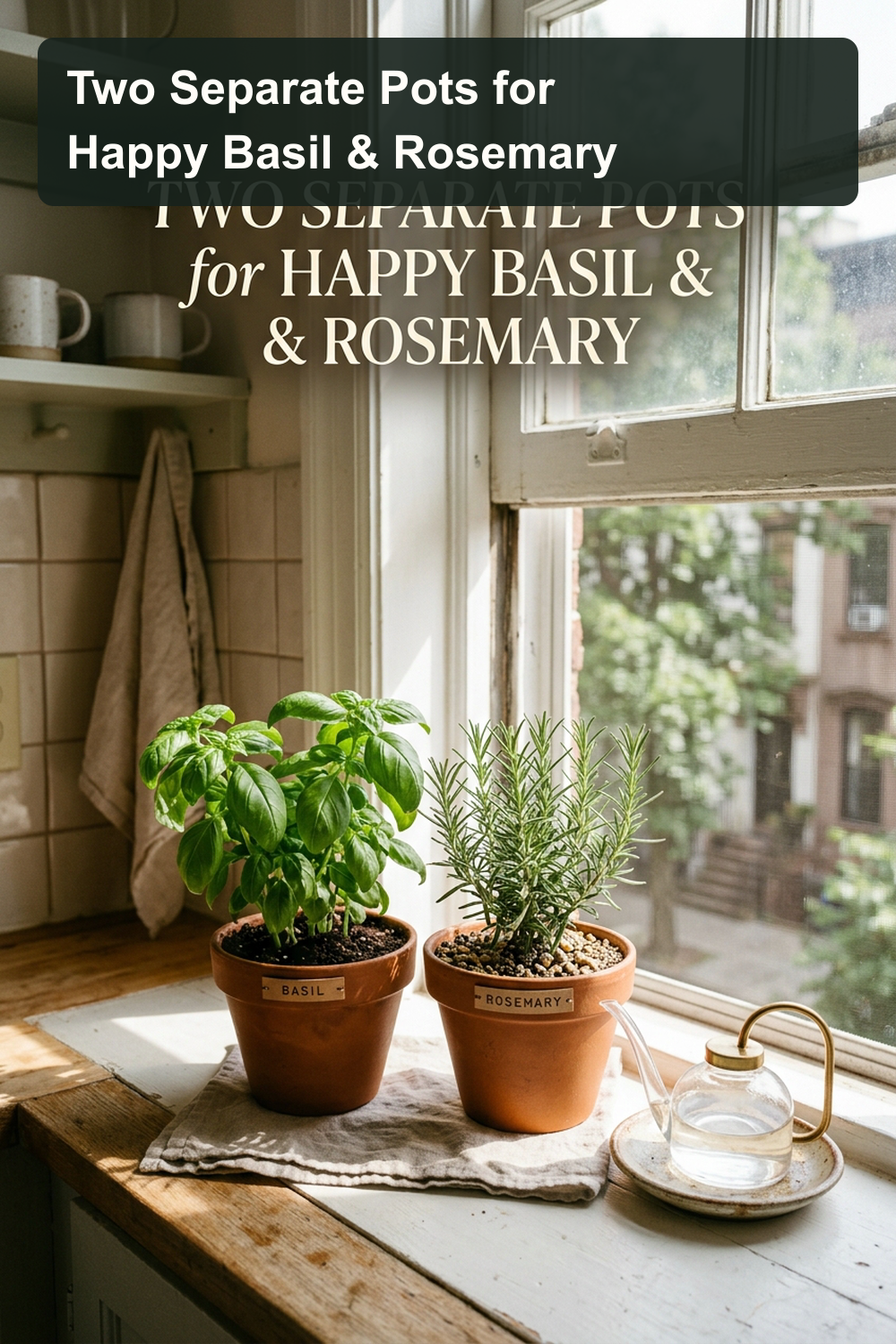 Two distinct small clay pots sitting side-by-side on a sunlit rental apartment kitchen windowsill, with vibrant green basil in one pot and rosemary in the adjacent pot.