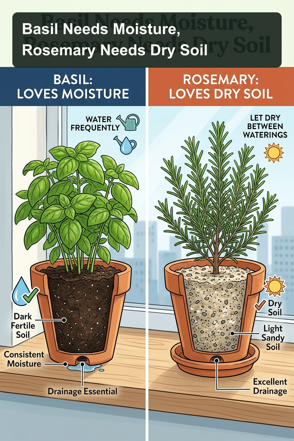 Side-by-side comparison illustration of basil in rich dark moist soil and rosemary in light sandy dry soil, with visible container drainage holes.