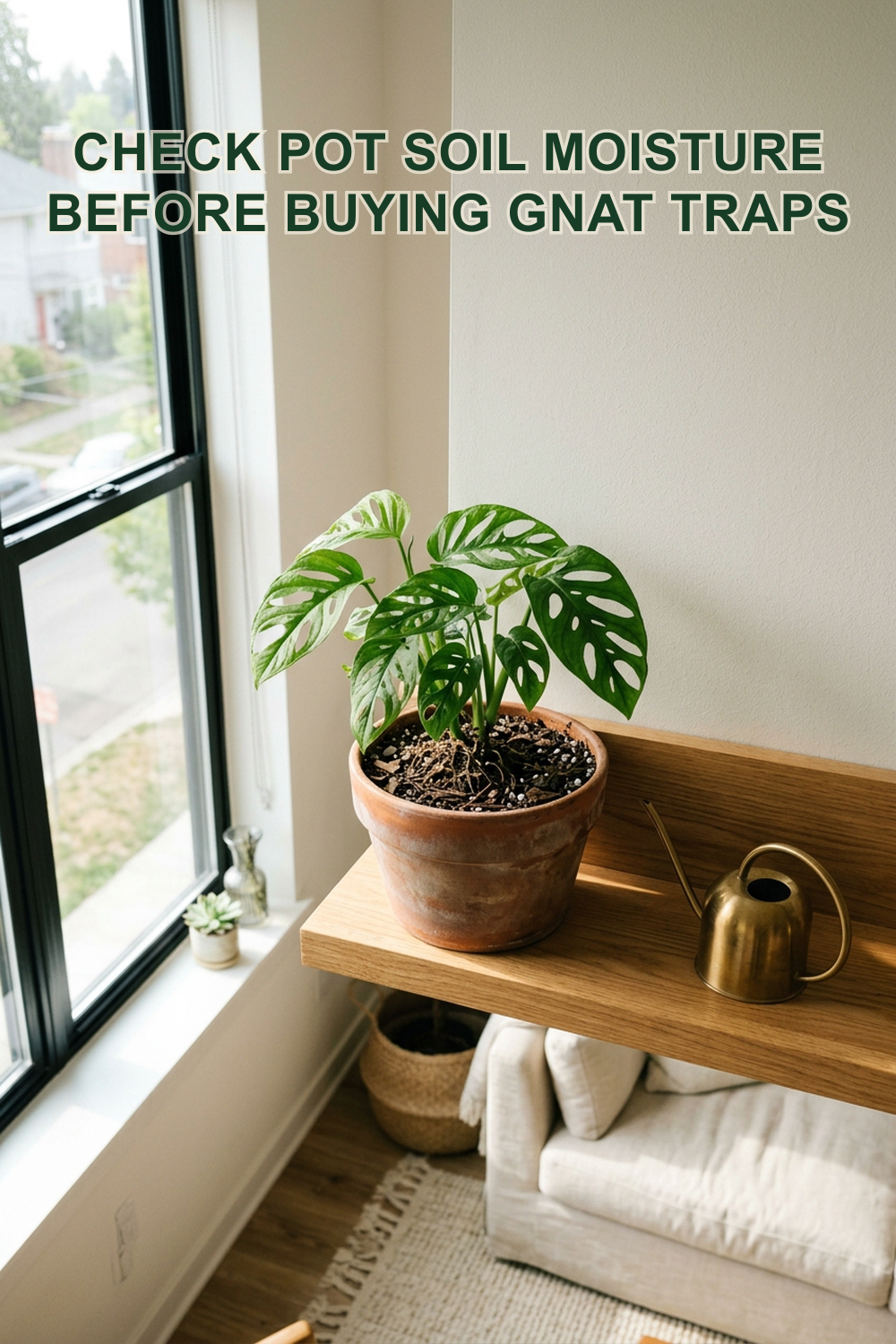 High-angle editorial photo of a potted houseplant on a wooden apartment shelf next to a bright window with soil visible in the pot. Text overlay reads: Check Pot Soil Moisture Before Buying Gnat Traps.