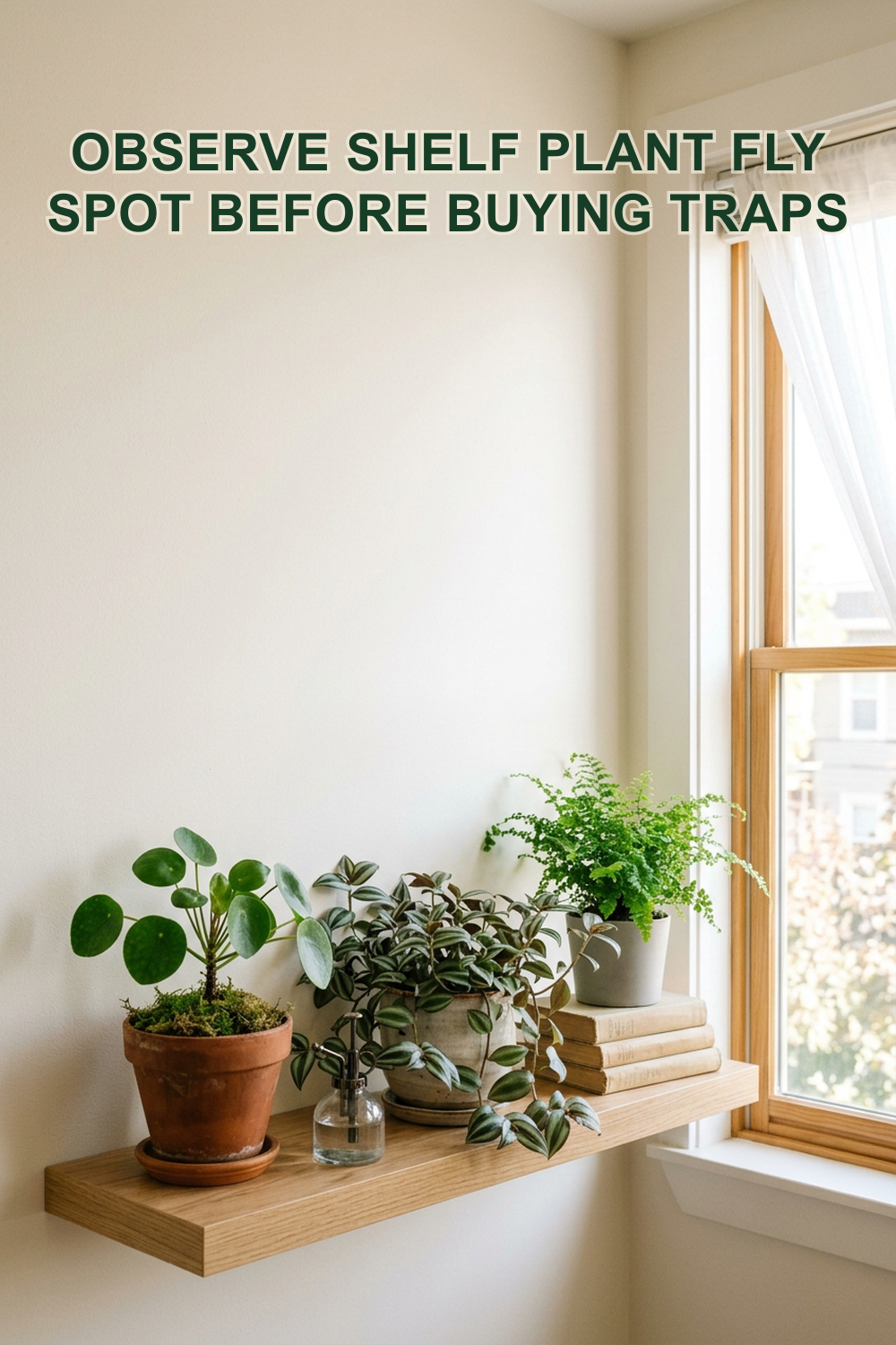 Eye-level editorial photo of a cozy rental apartment shelf corner with potted houseplants near a sunny window and smooth off-white wall. Text overlay reads: Observe Shelf Plant Fly Spot Before Buying Traps.