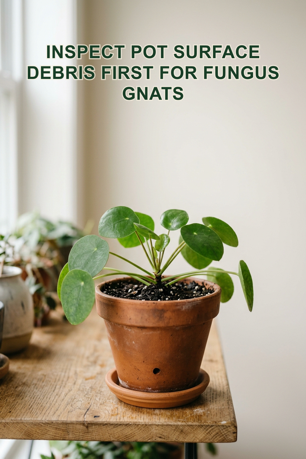 Close-up editorial photo of a terracotta plant pot with green foliage on a wooden apartment shelf. Text overlay reads: Inspect Pot Surface Debris First for Fungus Gnats.