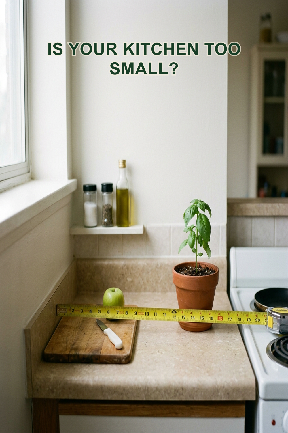 Editorial photo of a tiny rental kitchen counter with a yellow tape measure stretched across narrow counter space next to a potted basil plant, with text overlay reading: Is your kitchen too small?