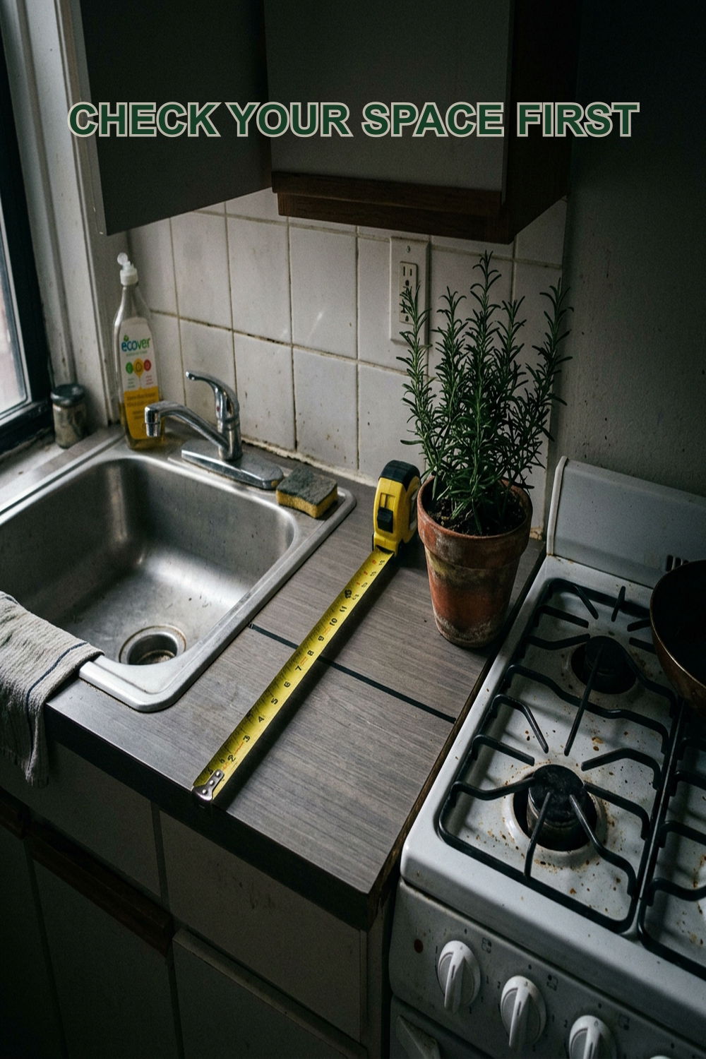 Top-down photo of a cramped rental kitchen counter between a sink and stove with a yellow tape measure, with text overlay reading: Check your space first
