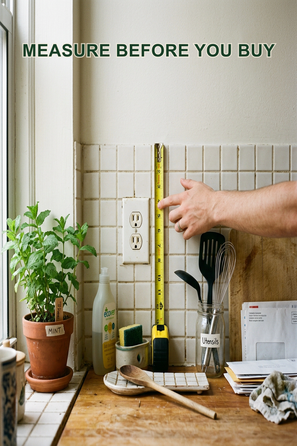 Photo of a small apartment kitchen counter with a hand holding a yellow tape measure vertically against the backsplash, with text overlay reading: Measure before you buy